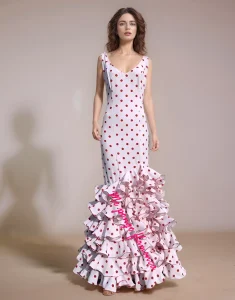 Traje de Flamenca Económico Blanco con Lunares Rojos