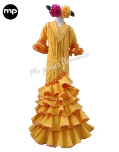 Trajes de Flamenca Niñas 2023 Trajes de flamenca niñas 2023 en color amarillo con lunares rosas.