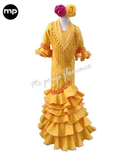 Trajes de Flamenca Niñas 2023 Trajes de flamenca niñas 2023 en color amarillo con lunares rosas.