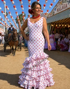 trajes de flamenca economicos Traje de Flamenca Económico Blanco con Lunares Rojos