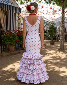 trajes de flamenca economicos Traje de Flamenca Económico Blanco con Lunares Rojos