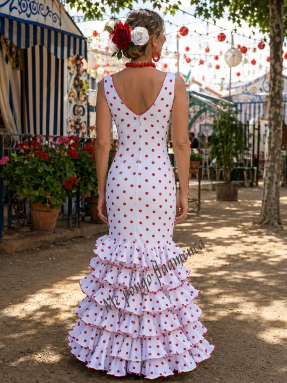 Traje de Flamenca Económico Blanco con Lunares Rojos