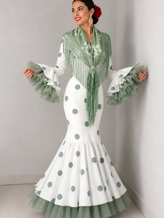 vestido flamenca blanco lunares verdes con manton