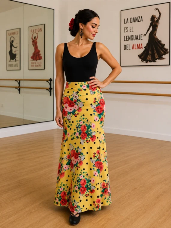 Falda Flamenca Amarilla con Flores y Lunares