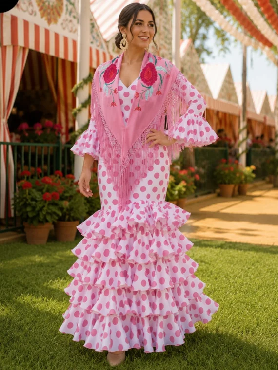Trajes-de-flamenca-Huelva-lunar-rosa-4